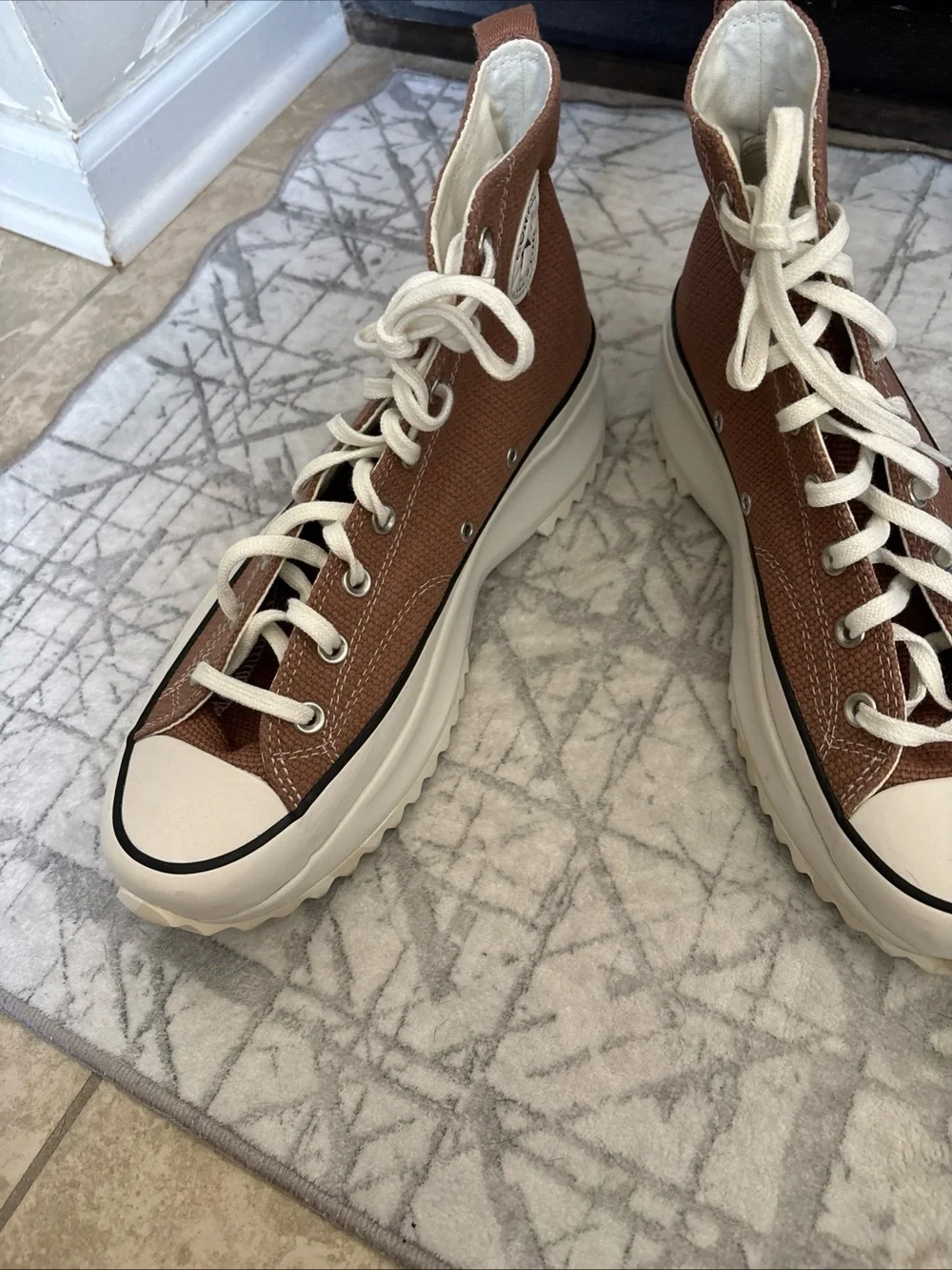 Converse High-Top Sneakers in Brown and White Canvas